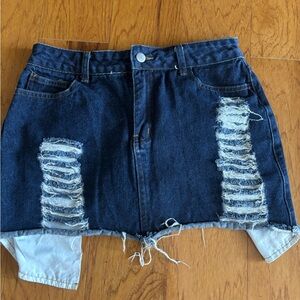 Distressed Dark Blue Denim Midi Skirt